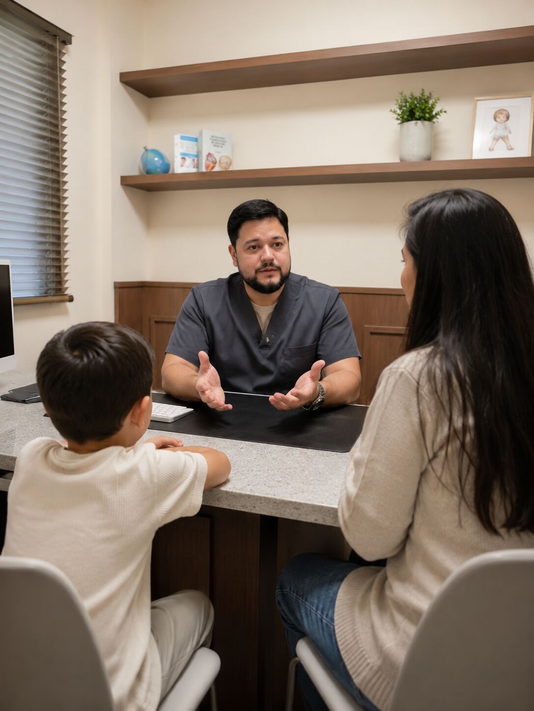 El Dr. Félix conversando con una madre y su hijo en consulta.