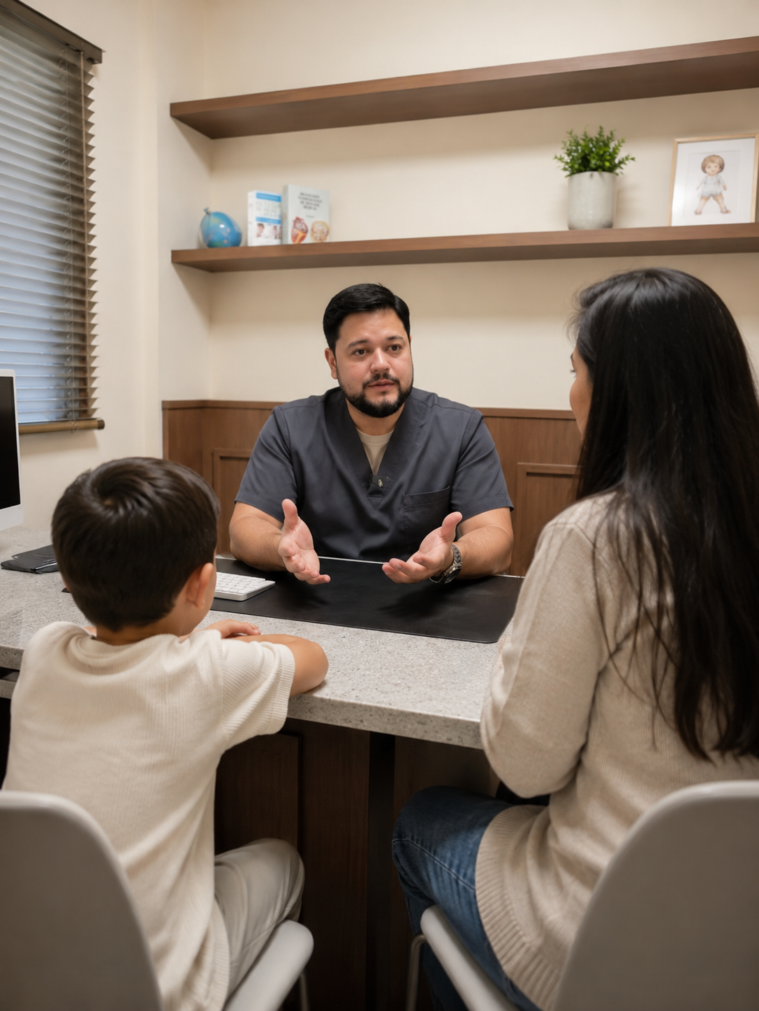 El Dr. Félix conversando con una madre y su hijo en consulta.