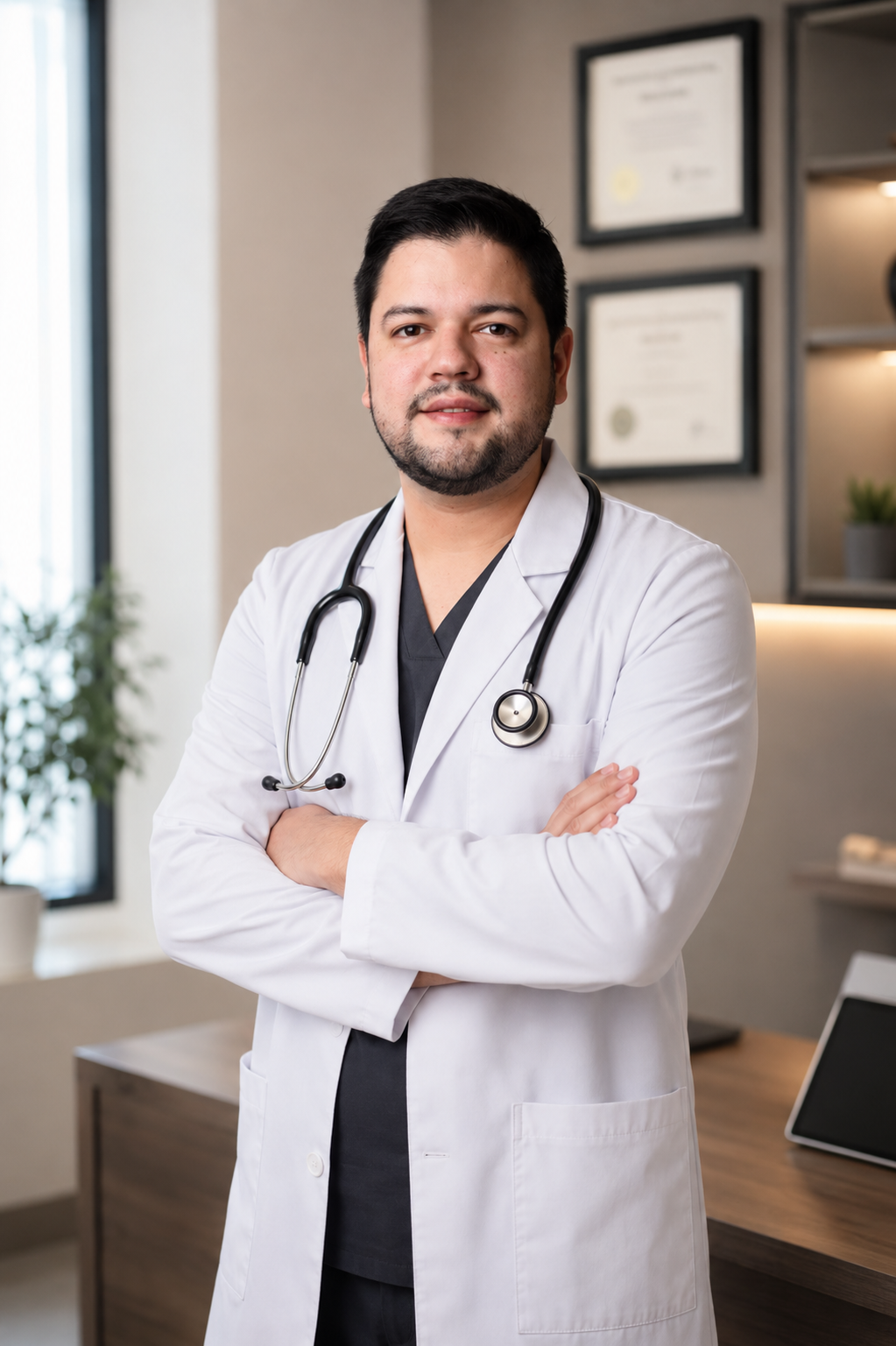 Dr. Gerardo Félix Ramos, pediatra en su consultorio.